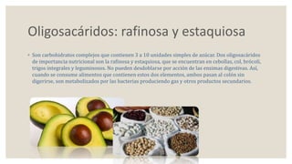 Oligosacáridos: rafinosa y estaquiosa 
◦ Son carbohidratos complejos que contienen 3 a 10 unidades simples de azúcar. Dos oligosacáridos 
de importancia nutricional son la rafinosa y estaquiosa, que se encuentran en cebollas, col, brócoli, 
trigos integrales y leguminosos. No pueden desdoblarse por acción de las enzimas digestivas. Así, 
cuando se consume alimentos que contienen estos dos elementos, ambos pasan al colón sin 
digerirse, son metabolizados por las bacterias produciendo gas y otros productos secundarios. 
 