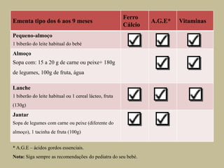 O peixe – a partir dos 8/9 mesesSalmão, solha, linguado, bacalhau… os peixes gordos ou magros podem ser dados indiferentemente ao bebé, sendo que os “gordos” e de águas frias têm maior valor nutricional por serem mais ricos em “DHA”. Têm a mesma quantidade de proteínas e ferro do que a carne.