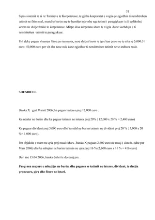 31
Sipas sistemit te ri te Tatimeve te Korporatave, te gjitha korporatat e vogla qe zgjedhin ti nenshtrohen
tatimit ne fitim real, mund te bartin me te humbjet ndryshe nga tatimi i paragjykuar i cili aplikohej
vetem ne shitjet bruto te korporatave. Mirpo disa korporata shum te vogla do te vazhdojn e ti
nenshtrohen tatimit te paragjykuar.

Psh duke paguar shumen fikse per tremujor, nese shitjet bruto te tyre kan qene me te ulta se 5,000.01
euro- 50,000 euro per vit dhe nese nuk kane zgjedhur ti nenshtrohen tatimit ne te ardhura reale.




SHEMBULL




Banka X gjat Marsit 2006, ka paguar interes prej 12,000 euro .

Ka ndalur ne burim dhe ka paguar tatimin ne interes prej 20% ( 12,000 x 20 % = 2,400 euro)

Ka paguar divident prej 5,000 euro dhe ka ndal ne burim tatimin ne divident prej 20 % ( 5,000 x 20
%= 1,000 euro).

Per objektin e marr me qria prej muait Mars , banka X paguan 2,600 euro ne muaj ( d.m.th. edhe per
Mars 2006) dhe ka mbajtur ne burim tatimin ne qira prej 16 % (2,600 euro x 16 % = 416 euro)

Deri me 15.04.2006, banka duhet te dorezoj pra.

Pasqyren mujore e mbajtjes ne burim dhe pageses se tatimit ne interes, divident, te drejta
pronesore, qira dhe fitore ne lotari.
 