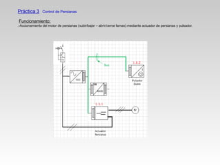 Práctica 3 Control de Persianas
Funcionamiento:
.-Accionamiento del motor de persianas (subir/bajar – abrir/cerrar lamas) mediante actuador de persianas y pulsador.
 