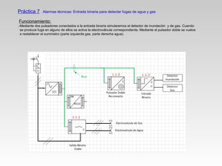 Práctica 7 Alarmas técnicas: Entrada binaria para detectar fugas de agua y gas
Funcionamiento:
.-Mediante dos pulsadores conectados a la entrada binaria simularemos el detector de inundación y de gas. Cuando
se produce fuga en alguno de ellos se activa la electroválvula correspondiente. Mediante el pulsador doble se vuelve
a restablecer el suministro (parte izquierda gas, parte derecha agua).
 