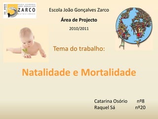 Escola João Gonçalves Zarco Área de Projecto 2010/2011 Tema do trabalho: Natalidade e Mortalidade Catarina Osório        nº8 Raquel Sá                 nº20 