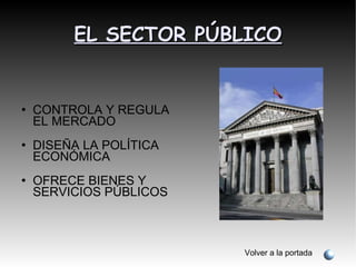 EL SECTOR PÚBLICO CONTROLA Y REGULA EL MERCADO DISEÑA LA POLÍTICA ECONÓMICA OFRECE BIENES Y SERVICIOS PÚBLICOS Volver a la portada 