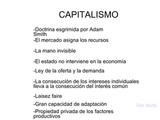 CAPITALISMO -La consecución de los intereses individuales lleva a la consecución del interés común -Doctrina esgrimida por Adam Smith -El mercado asigna los recursos -La mano invisible -El estado no interviene en la economía -Ley de la oferta y la demanda -Laisez faire -Gran capacidad de adaptación -Propiedad privada de los factores productivos Ver texto 