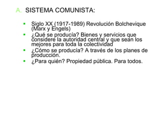 SISTEMA COMUNISTA: Siglo XX (1917-1989) Revolución Bolchevique (Marx y Engels)‏ ¿Qué se producía? Bienes y servicios que considere la autoridad central y que sean los mejores para toda la colectividad ¿Cómo se producía? A través de los planes de producción.  ¿Para quién? Propiedad pública. Para todos. 