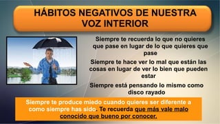 HÁBITOS NEGATIVOS DE NUESTRA
VOZ INTERIOR
Siempre te recuerda lo que no quieres
que pase en lugar de lo que quieres que
pase
Siempre te hace ver lo mal que están las
cosas en lugar de ver lo bien que pueden
estar
Siempre está pensando lo mismo como
disco rayado
Siempre te produce miedo cuando quieres ser diferente a
como siempre has sido. Te recuerda que más vale malo
conocido que bueno por conocer.
 