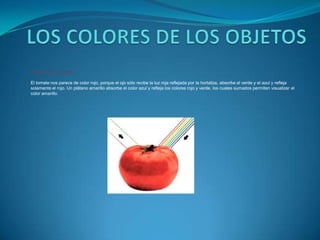 LOS COLORES DE LOS OBJETOSEl rojo de un cuerpoEl tomate nos parece de color rojo, porque el ojo sólo recibe la luz roja reflejada porla hortaliza, absorbe el verde y el azul y refleja solamente el rojo. Un plátano amarillo absorbe el color azul y refleja los colores rojo y verde, los cuales sumados permiten visualizar el color amarillo. 