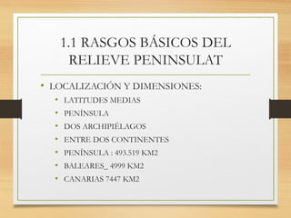 1.1 RASGOS BÁSICOS DEL
RELIEVE PENINSULAT
• LOCALIZACIÓN Y DIMENSIONES:
• LATITUDES MEDIAS
• PENÍNSULA
• DOS ARCHIPIÉLAGOS
• ENTRE DOS CONTINENTES
• PENÍNSULA : 493.519 KM2
• BALEARES_ 4999 KM2
• CANARIAS 7447 KM2
 