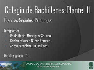 Colegio de Bachilleres Plantel 11
Ciencias Sociales: Psicología
Integrantes:
• Paulo Daniel Manríquez Salinas
• Carlos Eduardo Núñez Romero
• Aarón Francisco Osuna Cota
Grado y grupo: 1°C

 