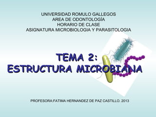 UNIVERSIDAD ROMULO GALLEGOS
AREA DE ODONTOLOGÍA
HORARIO DE CLASE
ASIGNATURA MICROBIOLOGIA Y PARASITOLOGIA

TEMA 2:
ESTRUCTURA MICROBIANA
PROFESORA:FATIMA HERNANDEZ DE PAZ CASTILLO. 2013

 