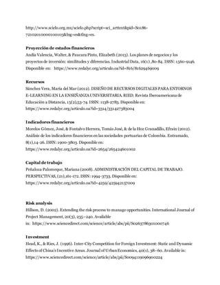 http://www.scielo.org.mx/scielo.php?script=sci_arttext&pid=S0186-
72102010000100103&lng=es&tlng=es.
Proyección de estados financieros
Andía Valencia, Walter, & Paucara Pinto, Elizabeth (2013). Los planes de negocios y los
proyectos de inversión: similitudes y diferencias. Industrial Data, 16(1) ,80-84. ISSN: 1560-9146.
Disponible en: https://www.redalyc.org/articulo.oa?id=816/81629469009
Recursos
Sánchez Vera, María del Mar (2012). DISEÑO DE RECURSOS DIGITALES PARA ENTORNOS
E-LEARNING EN LA ENSEÑANZAUNIVERSITARIA. RIED. Revista Iberoamericana de
Educación a Distancia, 15(2),53-74. ISSN: 1138-2783. Disponible en:
https://www.redalyc.org/articulo.oa?id=3314/331427383004
Indicadores financieros
Morelos Gómez, José, & Fontalvo Herrera, Tomás José, & de la Hoz Granadillo, Efraín (2012).
Análisis de los indicadores financieros en las sociedades portuarias de Colombia. Entramado,
8(1),14-26. ISSN: 1900-3803. Disponible en:
https://www.redalyc.org/articulo.oa?id=2654/265424601002
Capital de trabajo
Peñaloza Palomeque, Mariana (2008). ADMINISTRACIÓN DEL CAPITAL DE TRABAJO.
PERSPECTIVAS, (21),161-172. ISSN: 1994-3733. Disponible en:
https://www.redalyc.org/articulo.oa?id=4259/425942157009
Risk analysis
Hillson, D. (2002). Extending the risk process to manage opportunities. International Journal of
Project Management, 20(3), 235–240. Available
in: https://www.sciencedirect.com/science/article/abs/pii/S0263786301000746
Investment
Head, K., & Ries, J. (1996). Inter-City Competition for Foreign Investment: Static and Dynamic
Effects of China’s Incentive Areas. Journal of UrbanEconomics, 40(1), 38–60. Available in:
https://www.sciencedirect.com/science/article/abs/pii/S0094119096900224
 