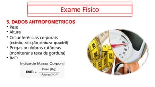 Exame Físico
5. DADOS ANTROPOMETRICOS
• Peso
• Altura
• Circunferências corporais
(crânio, relação cintura-quadril)
• Pregas ou dobras cutâneas
(monitorar a taxa de gordura)
• IMC:
 