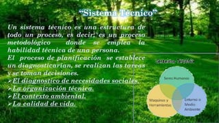 “Sistema Técnico”
Un sistema técnico es una estructura de
todo un proceso, es decir, es un proceso
metodológico
donde se emplea la
habilidad técnica de una persona.
El proceso de planificación se establece
un diagnosticarían, se realizan las tareas
y se toman decisiones.
El diagnostico de necesidades sociales.
La organización técnica.
El contexto ambiental.
La calidad de vida.

 