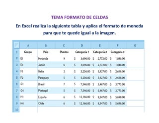 TEMA FORMATO DE CELDAS
En Excel realiza la siguiente tabla y aplica el formato de moneda
para que te quede igual a la imagen.
 
