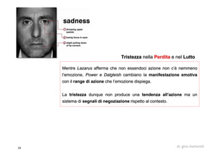 24 dr. gino martorelli
MentreMentre LazarusLazarus afferma che non essendoci azione non c’è nemmenoafferma che non essendoci azione non c’è nemmeno
l’emozione,l’emozione, Power ePower e DalgleishDalgleish cambiano lacambiano la manifestazione emotivamanifestazione emotiva
con ilcon il rangerange di azionedi azione che l’emozione dispiega.che l’emozione dispiega.
LaLa tristezzatristezza dunque non produce unadunque non produce una tendenza all’azionetendenza all’azione ma unma un
sistema disistema di segnali di negoziazionesegnali di negoziazione rispetto al contesto.rispetto al contesto.
TristezzaTristezza nellanella PerditaPerdita e nele nel LuttoLutto
 