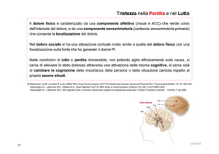 27 dr. gino martorelli
IlIl dolore fisicodolore fisico è caratterizzato da unaè caratterizzato da una componente affettivacomponente affettiva ((insulainsula e ACCe ACC) che rende conto) che rende conto
dell’intensità del dolore, e da unadell’intensità del dolore, e da una componentecomponente sensorimotoriasensorimotoria ((cortecciacorteccia sensorimotoriasensorimotoria primariaprimaria))
che consente lache consente la localizzazionelocalizzazione del dolore.del dolore.
NelNel dolore socialedolore sociale si ha una attivazione corticale molto simile a quella delsi ha una attivazione corticale molto simile a quella del dolore fisicodolore fisico con unacon una
focalizzazionefocalizzazione sulla fonte che ha generato il doloresulla fonte che ha generato il dolore [4][4]
..
Nelle condizioni diNelle condizioni di luttolutto oo perditaperdita irreversibile, non potendo agire efficacemente sulla causa, siirreversibile, non potendo agire efficacemente sulla causa, si
cerca di alleviare lo stato doloroso attraverso una attivazionecerca di alleviare lo stato doloroso attraverso una attivazione delle risorsedelle risorse cognitivecognitive, si cerca cioè, si cerca cioè
didi cambiare la cognizionecambiare la cognizione della importanza della persona o della situazione perduta rispedella importanza della persona o della situazione perduta rispetto altto al
proprioproprio essere situatiessere situati..
TristezzaTristezza nellanella PerditaPerdita e nele nel LuttoLutto
[4][4] MacDonaldMacDonald,, GeoffGeoff, and, and MarkMark R.R. LearyLeary (2005) "(2005) "WhyWhy DoesDoes SocialSocial ExclusionExclusion HurtHurt? The? The RelationshipRelationship betweenbetween Social andSocial and PhysicalPhysical PainPain,"," PsychologicalPsychological BulletinBulletin 131 (2): 202131 (2): 202––223.223.
EisenbergerEisenberger N.IN.I.,., LiebermanLieberman M.DM.D., Williams., Williams K.DK.D.,., DoesDoes RejectionRejection HurtHurt?? AnAn fMRIfMRI StudyStudy of Socialof Social ExclusionExclusion,, ScienceScience VOL 302 10 OCTOBER 2003VOL 302 10 OCTOBER 2003
EisenbergerEisenberger N.IN.I.,., LiebermanLieberman M.DM.D.,., WhyWhy rejectionrejection hurtshurts: a common: a common neuralneural alarmalarm systemsystem forfor physicalphysical and socialand social painpain,, TrendsTrends in Cognitivein Cognitive SciencesSciences VolVol.8 No.8 No.7.7 JulyJuly 20042004
 
