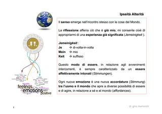 5 dr. gino martorelli
IlIl sensosenso emerge nellemerge nell’’incontro stesso con le cose del Mondo.incontro stesso con le cose del Mondo.
LaLa riflessioneriflessione afferra ciò cheafferra ciò che èè gigiàà miomio, mi consente cio, mi consente cioèè didi
appropriarmi di unaappropriarmi di una esperienza giesperienza giàà significatasignificata ((JemeinigkeitJemeinigkeit ).).
JemeinigkeitJemeinigkeit ::
JeJe didi--voltavolta--inin--voltavolta
MeinMein miomio
KeitKeit suffissosuffisso
QuestoQuesto modo di esseremodo di essere, in relazione agli avvenimenti, in relazione agli avvenimenti
intercorrenti,intercorrenti, èè sempre caratterizzato da unsempre caratterizzato da un essereessere
affettivamente intonatiaffettivamente intonati ((StimmungenStimmungen).).
Ogni nuovaOgni nuova emozioneemozione èè una nuovauna nuova accordaturaaccordatura ((StimmungStimmung))
tra ltra l’’uomo e il mondouomo e il mondo che apre a diverse possibilitche apre a diverse possibilitàà di esseredi essere
e di agire, in relazione a se di agire, in relazione a séé e al mondo (e al mondo (affordancesaffordances).).
IpseitàIpseità AlteritàAlterità
 
