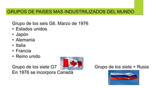 GRUPOS DE PAISES MAS INDUSTRILIZADOS DEL MUNDO
Grupo de los seis G6. Marzo de 1976
• Estados unidos
• Japón
• Alemania
• Italia
• Francia
• Reino unido
Grupo de los siete G7
En 1976 se incorpora Canadá
Grupo de los siete + Rusia
 