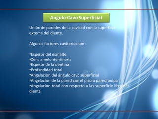 Angulo Cavo Superficial Unión de paredes de la cavidad con la superficie externa del diente. Algunos factores cavitarios son : Espesor del esmalte Zona amelo-dentinaria Espesor de la dentina Profundidad total Angulacion del ángulo cavo superficial Angulacion de la pared con el piso o pared pulpar Angulacion total con respecto a las superficie libre del diente 