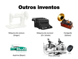 Outros inventos
Máquina de costura
(Singer)
Máquina de escrever
(Ch. Schole)
Fonógrafo
(Edison)
Aspirina (Bayer) Pneu (Dunlop)
 