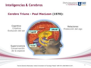 Inteligencias & Cerebros

 Cerebro Triuno - Paul MacLean (1970):



    Cognitivo                                                                                         Relaciones
     Creativo                                                                                     Protección del ego
 Evolución del ser




   Supervivencia
   Conservación
    de la especie




                                                                                                                        11
          Todo los Derechos Reservados. Instituto Universitario de Tecnología "Readic" UNIR. Rif J-30001989-6 © 2011.
 