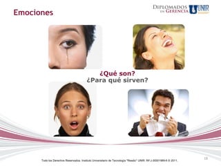 Emociones




                                            ¿Qué son?
                                         ¿Para qué sirven?




                                                                                                                    18
      Todo los Derechos Reservados. Instituto Universitario de Tecnología "Readic" UNIR. Rif J-30001989-6 © 2011.
 