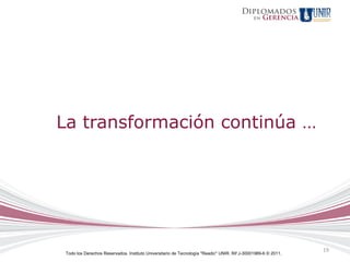 La transformación continúa …




                                                                                                               19
 Todo los Derechos Reservados. Instituto Universitario de Tecnología "Readic" UNIR. Rif J-30001989-6 © 2011.
 
