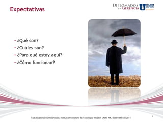Expectativas




 • ¿Qué son?
 • ¿Cuáles son?
 • ¿Para qué estoy aquí?
 • ¿Cómo funcionan?




                                                                                                                     4
        Todo los Derechos Reservados. Instituto Universitario de Tecnología "Readic" UNIR. Rif J-30001989-6 © 2011
 