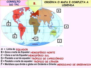 CORREÇÃO
DO TPC

B.

OBSERVA O MAPA E COMPLETA A
LEGENDA
B

E

A

D

F

C

A = Linha do EQUADOR
B = Zona a norte do Equador: HEMISFÉRIO NORTE
C = Zona a sul do Equador:HEMISFÉRIO SUL
D = Paralelo a sul do equador: TRÓPICO DE CAPRICÓRNIO
E = Paralelo a norte do equador: TRÓPICO DE CÂNCER
F = Meridiano que divide o globo em Ocidente e Oriente: MERIDIANO DE GREENWICH

 