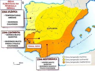 ÁREAS
CLIMÁTICAS NA
PENÍNSULA
IBÉRICA

• TEMPERATURAS
AMENAS
• INVERNOS
CHUVOSOS

• VERÕES MUITO
QUENTES
• INVERNOS MUITO
FRIOS E POUCO
CHUVOSOS

PINHAL NOVO

• VERÕES MUITO
QUENTES
• INVERNOS SUAVES E
POUCO CHUVOSOS

 