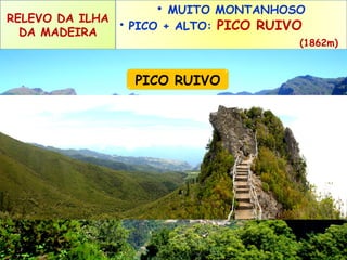 • MUITO MONTANHOSO
RELEVO DA ILHA
• PICO + ALTO: PICO RUIVO
DA MADEIRA

(1862m)

PICO RUIVO

 