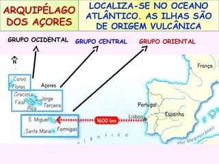 ARQUIPÉLAGO
DOS AÇORES
GRUPO OCIDENTAL

LOCALIZA-SE NO OCEANO
ATLÂNTICO. AS ILHAS SÃO
DE ORIGEM VULCÂNICA

GRUPO CENTRAL

GRUPO ORIENTAL

 