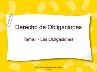 Derecho de Obligaciones
  Tema I - Las Obligaciones




       Prof. Dra. Gervasia Valenzuela   1
                    Sosa
 