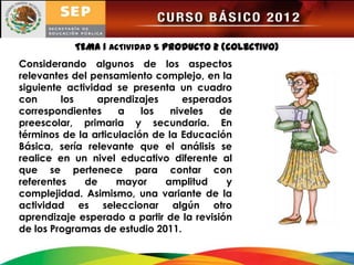 TEMA 1 ACTIVIDAD 5 producto 2 (colectivo)
Considerando algunos de los aspectos
relevantes del pensamiento complejo, en la
siguiente actividad se presenta un cuadro
con      los     aprendizajes      esperados
correspondientes     a    los   niveles   de
preescolar, primaria y secundaria. En
términos de la articulación de la Educación
Básica, sería relevante que el análisis se
realice en un nivel educativo diferente al
que se pertenece para contar con
referentes    de     mayor    amplitud     y
complejidad. Asimismo, una variante de la
actividad es seleccionar algún otro
aprendizaje esperado a partir de la revisión
de los Programas de estudio 2011.
 