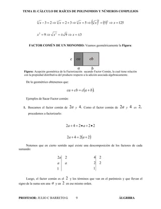 TEMA II: CÁLCULO DE RAÍCES DE POLINOMIOS Y NÚMEROS COMPLEJOS
PROFESOR: JULIO C BARRETO G 9 ÁLGRBRA
   
399
125553223
22
33
3333


xxx
xxxxx
FACTOR COMÚN DE UN MONOMIO: Veamos geométricamente la Figura:
Figura: Acepción geométrica de la Factorización sacando Factor Común, la cual tiene relación
con la propiedad distributiva del producto respecto a la adición asociada algebraicamente.
De lo geométrico obtenemos que:
 .baccbca 
Ejemplos de Sacar Factor común:
1. Buscamos el factor común de a2 y .4 Como el factor común de a2 y 4 es ,2
procedemos a factorizarlo:
 2242
22242


aa
aa
Notemos que en cierto sentido aquí existe una descomposición de los factores de cada
sumando:
aa
a 2
1
2
2
2
1
2
4
Luego, el factor común es el 2 y los términos que van en el paréntesis y que llevan el
signo de la suma son una a y un 2 en ese mismo orden.
 