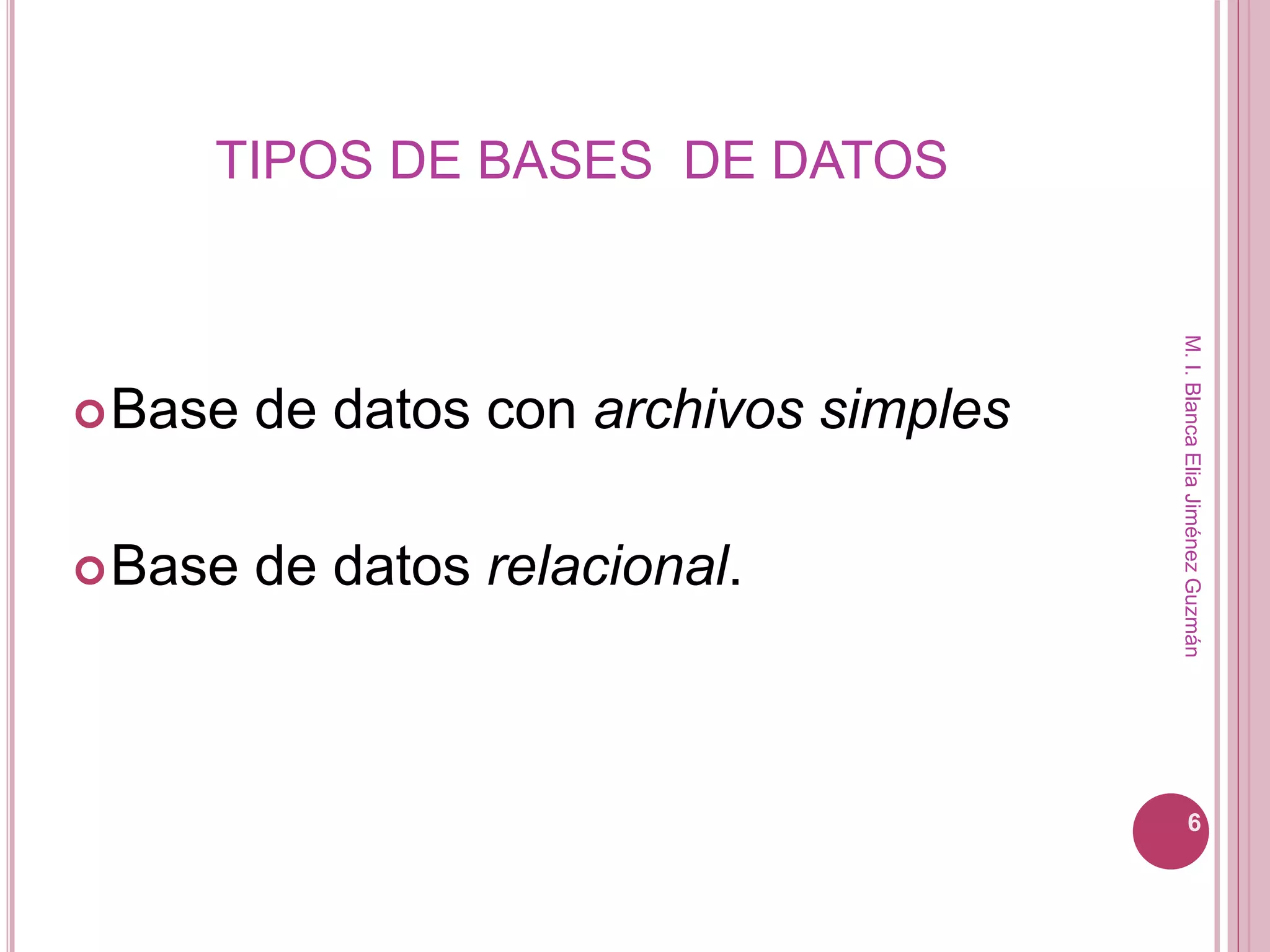 TIPOS DE BASES DE DATOS 
Base de datos con archivos simples 
Base de datos relacional. 
M. I. Blanca Elia Jiménez Guzmán 
6 
 