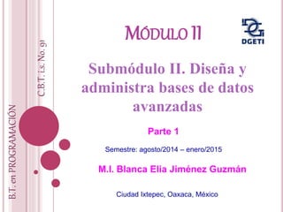 MÓDULO II 
Submódulo II. Diseña y 
administra bases de datos 
avanzadas 
Parte 1 
M.I. Blanca Elia Jiménez Guzmán 
Ciudad Ixtepec, Oaxaca, México 
B.T. en PROGRAMACIÓN 
C.B.T. i.s. No. 91 
Semestre: agosto/2014 – enero/2015 
 