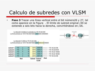 Calculo de subredes con VLSM Paso 3  Trazar una línea vertical entre el bit número26 y 27, tal como aparece en la Figura  . El límite de subred original /20 se extiende a seis bits hacia la derecha, convirtiéndose en /26. 