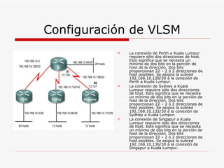 Configuración de VLSM La conexión de Perth a Kuala Lumpur requiere sólo dos direcciones de host. Esto significa que se necesita un mínimo de dos bits en la porción de host de la dirección. Dos bits proporcionan 22 – 2 ó 2 direcciones de host posibles. Se asigna la subred 192.168.10.128/30 a la conexión de Perth a Kuala Lumpur.  La conexión de Sydney a Kuala Lumpur requiere sólo dos direcciones de host. Esto significa que se necesita un mínimo de dos bits en la porción de host de la dirección. Dos bits proporcionan 22 – 2 ó 2 direcciones de host posibles. Se asigna la subred 192.168.10.132/30 a la conexión de Sydney a Kuala Lumpur.  La conexión de Singapur a Kuala Lumpur requiere sólo dos direcciones de host. Esto significa que se necesita un mínimo de dos bits en la porción de host de la dirección. Dos bits proporcionan 22 – 2 ó 2 direcciones de host posibles. Se asigna la subred 192.168.10.136/30 a la conexión de Singapur a Kuala Lumpur. 