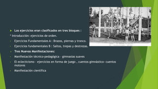  Los ejercicios eran clasificados en tres bloques :
* Introducción: ejercicios de orden.
• Ejercicios Fundamentales A : Brazos, piernas y tronco.
• Ejercicios fundamentales B : Saltos, trepas y destrezas.
 Tres Nuevas Manifestaciones:
• Manifestación técnico-pedagógica – gimnasias suaves
• El eclecticismo – ejercicios en forma de juego , cuentos gimnástico- cuentos
motores
• Manifestación científica
 