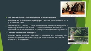 Dos manifestaciones Como evolución de la escuela alemana:
• Manifestación Artístico-rítmico-pedagógica – Relación entre la obra artística
y la Educación Física.
• Dos vertientes: 1 Euritmia : Cuerpo en movimiento servicio de la expresión, la
emoción y la construcción musical. 2. Gimnasia moderna: a través de la
manifestación de los sentimientos se consiga un resultado rítmico y estético.
 Manifestación técnico pedagógica
 Gimnasia Natural Austriaca : acercarse a la naturaleza, a su ambiente y a su
comunicad logrando una interacción grupal y una formación del carácter a
través de la actividad física.
 