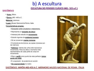 DISCÓBOLO. MIRÓN.460-450 A.C. MÁRMORE.MUSEO NACIONAL DE ROMA. ITALIA
b) A escultura
ESCULTURA DO PERIODO CLÁSICO (481- 323 a.C.)
DISCÓBOLO
• Autor: Mirón
• Época: 460 –450 a.C.
•Material: mármore
•Lugar: Museo Nacional de Roma. Italia
•Características propias:
• Conexión entre arcaísmo e clasicismo.
• Representa un lanzador de disco
• Interese polo estudio do movemento
• Estudio riguroso da anatomía humana
• Só se conservan copias romanas
• O orixinal era de bronce; as copias romanas son
de mármore
• Rythmos: intenta dar unha orde racional ao
movemento. Para iso elixe o momento máis
representativo de cada parte do corpo en
movemento
• Elixe o perfil como punto de vista perfecto (único
punto de vista)
• É a expresión da anatomía en acción
• Sin expresividade no rostro
 