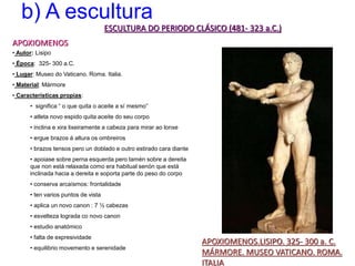 b) A escultura
ESCULTURA DO PERIODO CLÁSICO (481- 323 a.C.)
APOXIOMENOS
APOXIOMENOS.LISIPO. 325- 300 a. C.
MÁRMORE. MUSEO VATICANO. ROMA.
ITALIA
• Autor: Lisipo
• Época: 325- 300 a.C.
• Lugar: Museo do Vaticano. Roma. Italia.
• Material: Mármore
• Características propias:
• significa “ o que quita o aceite a sí mesmo”
• atleta novo espido quita aceite do seu corpo
• inclina e xira lixeiramente a cabeza para mirar ao lonxe
• ergue brazos á altura os ombreiros
• brazos tensos pero un doblado e outro estirado cara diante
• apoiase sobre perna esquerda pero tamén sobre a dereita
que non está relaxada como era habitual senón que está
inclinada hacia a dereita e soporta parte do peso do corpo
• conserva arcaísmos: frontalidade
• ten varios puntos de vista
• aplica un novo canon : 7 ½ cabezas
• esvelteza lograda co novo canon
• estudio anatómico
• falta de expresividade
• equilibrio movemento e serenidade
 