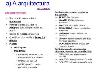 a) A arquitectura
• Son os máis importantes e
numerosos
• Periodo clásico: Situados na
Acrópole: colina na parte alta de
Atenas
• Deriva do megaron mecénico
• Concibidos para acoller a imaxe dos
deuses
• Planta:
– Rectangular
– Tres partes:
• PRONAOS: vestíbulo que
rodea a naos por adiante
• NAOS : sala central
• OPISTODOMOS: parte
posterior; almacén
• Clasificación dos templos segundo as
súas columnas:
– ÁPTERO: Sen columnas
– IN ANTIS: Só dúas columnas
dianteiras
– PRÓSTILO: Pórtico por diante
– ANFIPRÓSTILO: pórtico por diante e
por detrás
– PERÍPTERO: templo rodeado de
columnas.
– DÍPTERO: templo rodeado por dúas
fileiras de columnas
– MONÓPTERO: templo circular con
columnas arredor
• Clasificación dun templo segundo o
número de columnas que ten na fachada:
– TETRÁSTILO: catro columnas na
fachada
– HEXÁSTILO: seis columnas na fachada
– OCTÁSTILO: oito columnas na fachada
OS TEMPLOS
CARACTERÍSTICAS
 