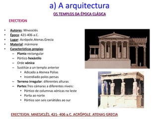 a) A arquitectura
• Autores: Mnesiclés
• Época: 421-406 a.C.
• Lugar: Acrópole.Atenas.Grecia
• Material: mármore
• Características propias:
– Planta rectangular
– Pórtico hexástilo
– Orde xónica
– Sustitúe a un templo anterior
• Adicado a Atenea Polias
• Incendiado polos persas
– Terreno irregular: diferentes alturas
– Partes:Tres cámaras a diferentes niveis:
• Pórtico de columnas xónicas no leste
• Porta ao norte
• Pórtico son seis cariátides ao sur
OS TEMPLOS DA ÉPOCA CLÁSICA
ERECTEION
ERECTEION. MNESICLÉS. 421- 406 a.C. ACRÓPOLE. ATENAS GRECIA
 
