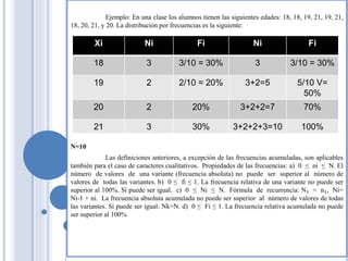 Ejemplo: En una clase los alumnos tienen las siguientes edades: 18, 18, 19, 21, 19, 21,
18, 20, 21, y 20. La distribución por frecuencias es la siguiente:
N=10
Las definiciones anteriores, a excepción de las frecuencias acumuladas, son aplicables
también para el caso de caracteres cualitativos. Propiedades de las frecuencias: a) 0 ≤ ni ≤ N. El
número de valores de una variante (frecuencia absoluta) no puede ser superior al número de
valores de todas las variantes. b) 0 ≤ fi ≤ 1. La frecuencia relativa de una variante no puede ser
superior al 100%. Sí puede ser igual. c) 0 ≤ Ni ≤ N. Fórmula de recurrencia: N₁ = n₁, Ni=
Ni-1 + ni. La frecuencia absoluta acumulada no puede ser superior al número de valores de todas
las variantes. Sí puede ser igual: Nk=N. d) 0 ≤ Fi ≤ 1. La frecuencia relativa acumulada no puede
ser superior al 100%
Xi Ni Fi Ni Fi
18 3 3/10 = 30% 3 3/10 = 30%
19 2 2/10 = 20% 3+2=5 5/10 V=
50%
20 2 20% 3+2+2=7 70%
21 3 30% 3+2+2+3=10 100%
 