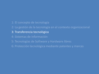 «La gestión tecnológica es una colección de métodos sistemáticos para la gestión de procesos de aplicación de conocimientos de tal manera que se logre producir mejores bienes y servicios".» (Kanz & Lam, 1996)«La gestión tecnológica es conocimiento y práctica. Es un sistema que relaciona la creación, el desarrollo, la transferencia y el uso de la tecnología".» (Thompson, 2003)«En el ambiente empresarial la gestión tecnológica se revela en sus planes, políticas y estrategias tecnológicas para la adquisición, uso y creación de tecnología, así como cuando se asume la innovación como eje de las estrategias de desarrollo de los negocios. También es evidente cuando en la cultura de las empresas se ha logrado "crear una mentalidad innovadora, enfocada hacia el aprendizaje permanente que sirva de sustento al crecimiento de la competitividad en el largo plazo» (Colciencias, 1998)