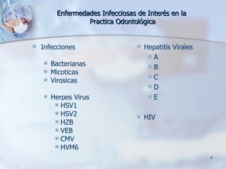 Enfermedades Infecciosas de Interés en la  Practica Odontológica Infecciones Bacterianas Micoticas Virosicas Herpes Virus HSV1 HSV2 HZB VEB CMV HVM6 Hepatitis Virales A B C D E HIV 