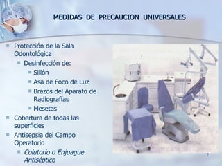 MEDIDAS  DE  PRECAUCION  UNIVERSALES Protección de la Sala Odontológica Desinfección de: Sillón Asa de Foco de Luz Brazos del Aparato de Radiografías Mesetas Cobertura de todas las superficies Antisepsia del Campo Operatorio Colutorio o Enjuague Antiséptico 