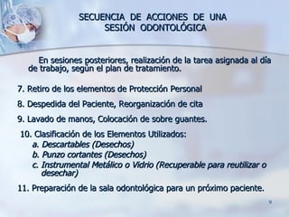 SECUENCIA  DE  ACCIONES  DE  UNA  SESIÓN  ODONTOLÓGICA En sesiones posteriores, realización de la tarea asignada al día de trabajo, según el plan de tratamiento. 7. Retiro de los elementos de Protección Personal 8. Despedida del Paciente, Reorganización de cita 9. Lavado de manos, Colocación de sobre guantes. 10. Clasificación de los Elementos Utilizados: a. Descartables (Desechos) b. Punzo cortantes (Desechos) c. Instrumental Metálico o Vidrio (Recuperable para reutilizar o desechar) 11. Preparación de la sala odontológica para un próximo paciente.   